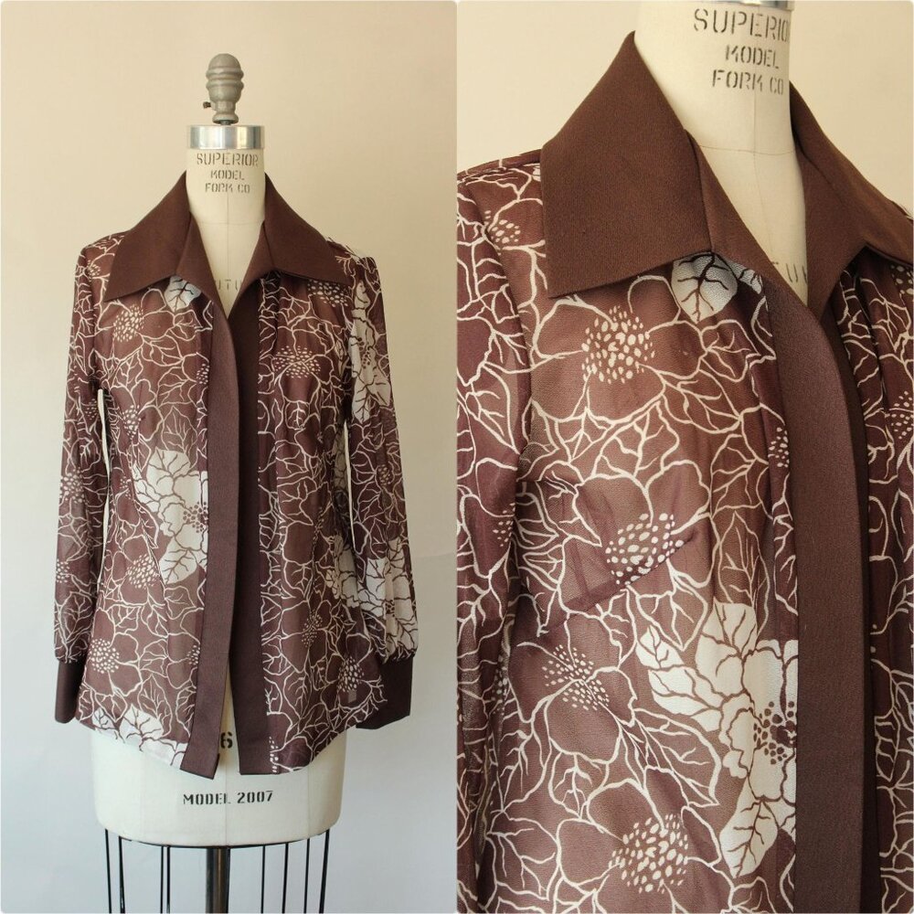 Vintage 1970s Shirt, Dagger Collar Floral Print Open Blouse or Jacket